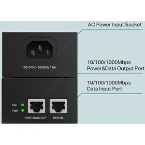 TP-Link PoE Injector - 1 x 10/100/1000Base-T Input Port(s) - 1 x 10/100/1000Base-T Output Port(s) - 60 W - Wall Mountable 