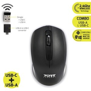 Port Connect Office Mouse - Radio Frequency - USB - Optical - 3 Button(s) - 1 - Wireless - 2.40 GHz - 1000 dpi - Scroll Wh