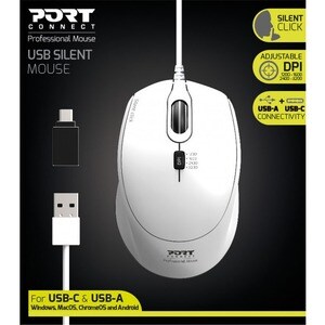 Port Mouse - USB Type A - Optical - 3 Button(s) - White - 1 - Cable - 3600 dpi - Scroll Wheel - Symmetrical