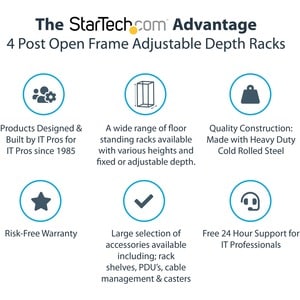 StarTech.com 25U Adjustable Depth Open Frame 4 Post Server Rack w/ Casters / Levelers and Cable Management Hooks - Steel, 