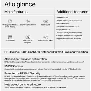 HP EliteBook 840 G10 14" Touchscreen Notebook - WUXGA - Intel Core i5 13th Gen i5-1335U - 16 GB - 512 GB SSD - English Key