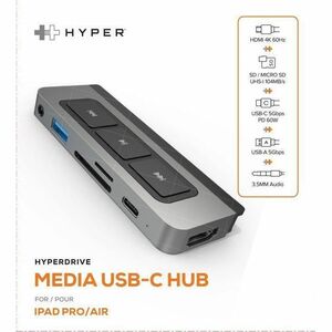 Targus HyperDrive 6-in-1 USB-C Media Hub - for iPad, Monitor - USB Type C - 4K @ 60Hz - 2 x USB Ports - 1 x USB Type-A Por