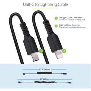 USB C to Lightning Cable -  50cm (20in) Coiled Cable Black