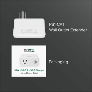 Plugable Wall Outlet Extender with 1x USB-C and 1x USB, 32W USB C Charger Block - USBC Fast Charger for iPhone 13/14, Trav