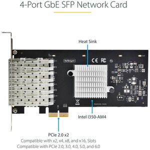 StarTech.com 4-Port GbE SFP Network Card, PCIe 2.0 x2 (x4, x8, x16 Compatible), Intel I350-AM4, Copper/Fiber Optic, Gigabi