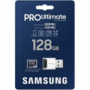 Carte microSD SBmsung PRO Ultimate UHS-I 128 Go, MB-MY128SB/WW, vitesse jusqu'à 200 Mo/s, garantie 10 ans, lecteur USB
