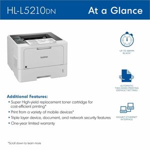 Brother HLL5210DN Desktop Wired Laser Printer - Monochrome - 48 ppm Mono - 1200 x 1200 dpi Print - Automatic Duplex Print 