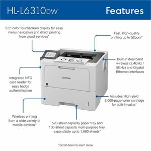 Brother HL-L6310DW Desktop Wireless Laser Printer - Monochrome - 52 ppm Mono - 1200 x 1200 dpi Print - Automatic Duplex Pr