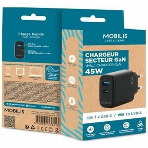 MOBILIS 45 W AC Adapter - Universal Adapter - 1 USB - 1 USB Type-C - For Notebook, Tablet PC, Smartphone - Black