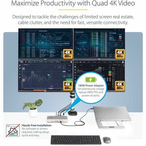 StarTech.com Universal USB4 & Thunderbolt 4 Docking Station, 98W Quad/Triple/Dual Display Dock with HDMI/DP for Macbook / 