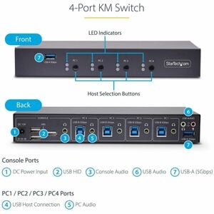 StarTech.com 4-Port KM Switch w/ Mouse Switching, USB 3.0 Keyboard/Mouse Switcher for 4 Computers, 3.5mm and USB Audio, TA