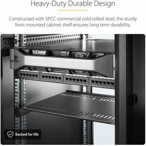 StarTech.com 1U Rack-mountable Rack Shelf for Rack, Networking - Black - SPCC, Steel - 19.96 kg Maximum Weight Capacity