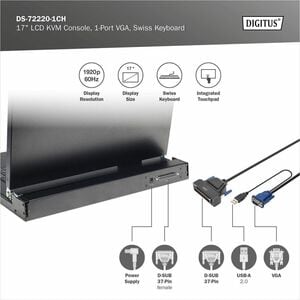 Digitus LCD Rack Console KVM Switch - Jet Black - 43.2 cm (17") LCD - Full HD - 1920 x 1080 - 1 x USB - 1 x VGA - Keyboard