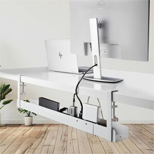 StarTech.com Under Desk Cable Management Tray, Length Adjustable, Clamp-On Installation, No Drilling Required, White - Len