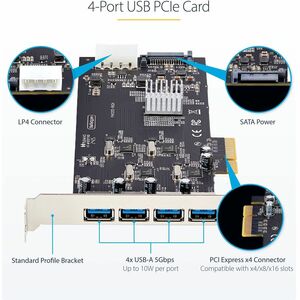 StarTech.com 4-Port USB PCIe Card, USB 3.2 5Gbps, PCI Express Expansion Card with 4x Independent USB Controllers, 4x USB-A