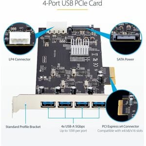 StarTech.com 4-Port USB PCIe Karte, USB 3.2 5Gbps, PCI Express Karte mit 4 unabhängigen USB-Controllern, 4 USB-A Anschlüss