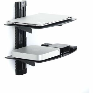 StarTech.com Dual Floating Wall-Mounted AV Shelves, Adjustable Height Shelf For Under TV A/V Equipment, Black Tempered Gla