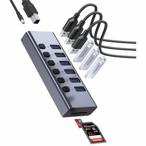 4XEM 8-in-1 Multi Port Power USB Hub - USB Type A - 13 MB/s, 640 MB/s - Keyboard, Mouse, Hard Drive, Card Reader - Portabl