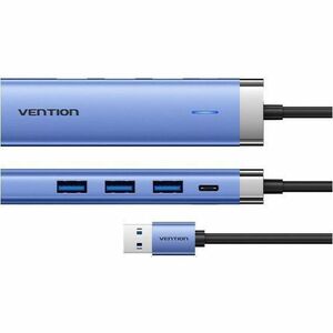 Vention USB/Ethernet Combo Hub - USB Type C - 640 MB/s - Tablet, Notebook, Keyboard, Mouse, Flash Drive, Printer - Blue - 