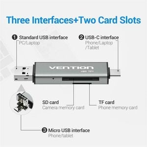 Vention CCJH0 2 Slot(s) Flash Drive/Flash Card Reader - USB 2.0, Micro USB, USB Type C - 1 / Pack - 256 GB Flash Drive - 6
