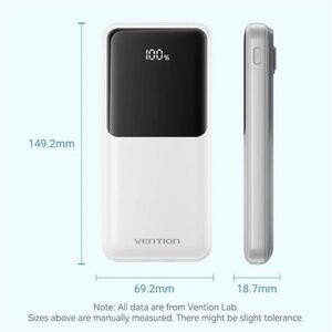 Vention FHO Power Bank - White - For Smartphone, iPhone - 10000 mAh - 22.50 W - 3 A, 2.22 A, 1.67 A, 2 A, 2.25 A, 1.50 A, 