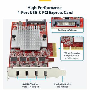 StarTech.com Scheda PCIe USB-C a 4 Porte, USB 3.2 10Gbps, Scheda di Espansione PCI Express USB Type-C con 4 Controller USB