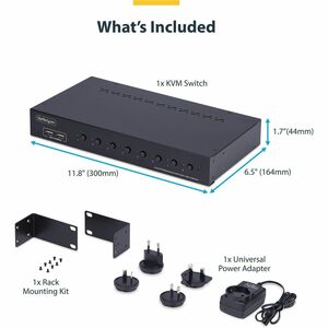 StarTech.com 8-Port DisplayPort KVM Switch with 1U Rack Mount Kit, 4K 60Hz DP 1.2, Push-Button & Hotkey Switching, TAA Com