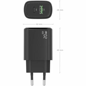 CARGADOR GAN 20W 1XUSB-C PD3.0 1XUSB-A QC3.0 NEGRO