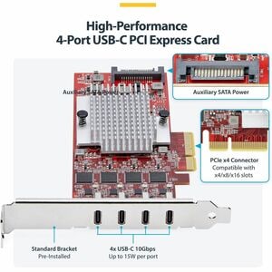 StarTech.com 4-Port USB Type-C PCIe Card, USB 3.2 10Gbps, USB-C PCI Express Expansion Card, 4x Independent USB Controllers