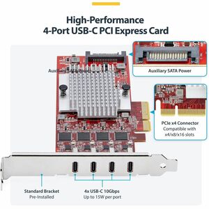 StarTech.com Carte PCIe USB-C 4 Ports, USB 3.2 10 Gbps, Carte d'Extension PCI Express USB-C, 4 Contrôleurs USB Indépendant