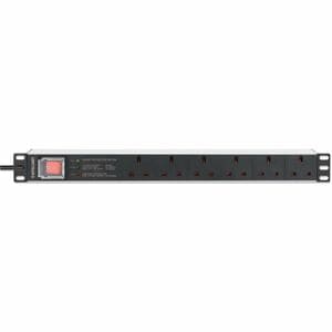 19" 1U PDU 6-way UK, With switch and Surge Protection, Rackmount, Power Distribution Unit, UK 3-pin outlets, 3m power cord