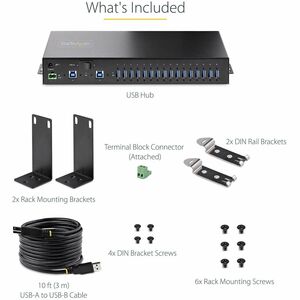 StarTech.com USB Hub - USB 3.2 Gen 1 (3.1 Gen 1) Type-B - DIN Rail/Surface/Rack Mountable - Black - 16 Total USB Port(s)
