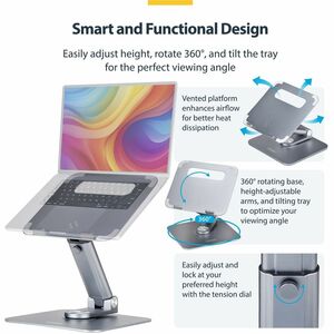 StarTech.com Telescopic Laptop Stand, 360 Swivel Base, Rotating Computer Riser for Desk, Adjustable Height/Tilt, Max 11lb/