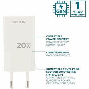 Adaptateur secteur MOBILIS Energia - 20 W - Adaptateur universel - 1 USB Type-C - Pour Smartphone, Tablette PC - Europe - 