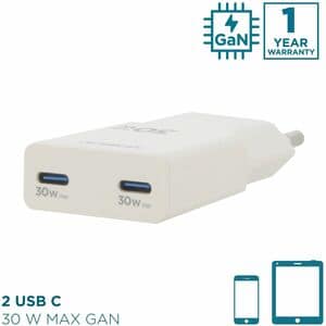 Adaptateur secteur MOBILIS Energia - 30 W - Adaptateur universel - 2 USB Type-C - Pour Smartphone, Tablette PC - Europe - 