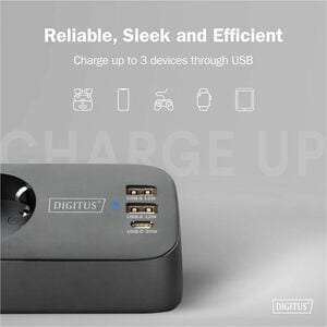 Digitus Power Strip - 2 x USB Type A, 1 x USB Type C, 3 x AC Power - 1.50 m Cord - 16 A Current - 250 V AC Voltage - 3.68 