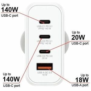 Verbatim 140 W AC Adapter - 1 Pack - Universal Adapter - 3 USB Type-C - For Smartphone, Tablet PC, Notebook, Gaming Consol