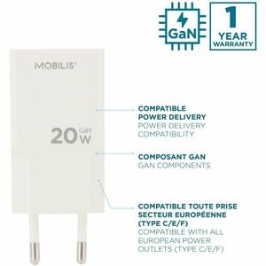 MOBILIS Energia 20 W AC Adapter - Universal Adapter - 1 USB Type-C - For Smartphone, Tablet PC - Europe - White