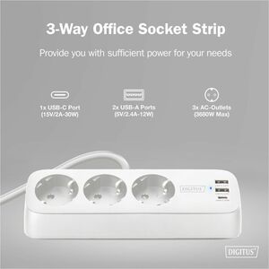 Digitus Steckdosenleiste - 3 x AC-Strom, 2 x USB Typ A, 1 x USB Typ C - 1,50 m Kabel - 16 A Stromstärke - 250 V AC Voltage