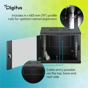 Digitus Dynamic-N 9U Wandmontierbar Geschlossener Schrank Rackschrank für Networking, Server - Schwarz - Stahl, Glas, Blec