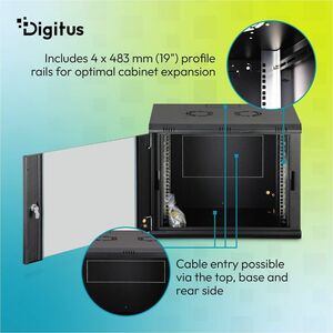 Digitus Dynamic-N 9U Wandmontierbar Geschlossener Schrank Rackschrank für Networking, Server - Schwarz - Stahl, Glas, Blec