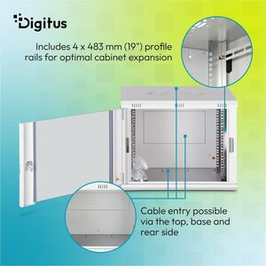 Digitus Dynamic-N 9U Wall Mountable Enclosed Cabinet Rack Cabinet for Networking, Server - Light Grey - Steel, Glass, Shee