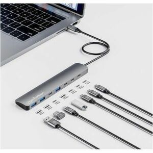 Manhattan USB-C Dock/Hub, Ports (x7): USB-A (x3) and USB-C (x4), with Power Delivery (PD) 100W- requires external USB-C ch