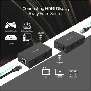 Unitek HDMI Extender - Black - 2 x Network (RJ-45) - 2 x HDMI - 150 m Extended Range - ABS
