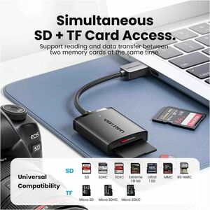Vention CLP 2 Slot(s) Flash Reader - USB 3.0 Type A - External - 1.95 TB Flash Drive - 5 GB/s - SD, microSDHC, SDHC, SDXC
