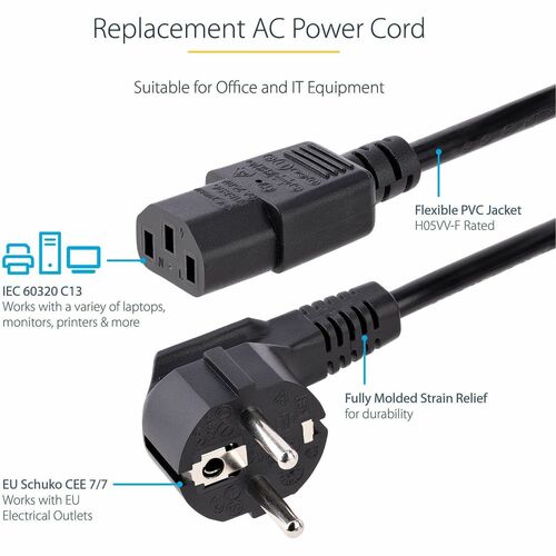 StarTech.com 2 m Computer Stromkabel, 18AWG, EU Schuko auf C13, 10A 250V, Schwarz, Ersatz AC Netzkabel, Drucker/PC Stromve