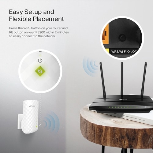 TP-Link RE200 IEEE 802.11b/g/n/ac 750 Mbit/s Wireless Range Extender - 3 x Internal Antenna(s) - 1 x Network (RJ-45) - Eth