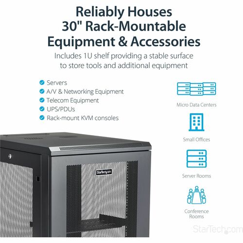 StarTech.com 4-Post 18U Server Rack Cabinet, 19" Data Rack Cabinet for Computer / IT Equipment, Home Network Rack, Half He