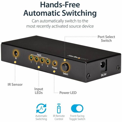 StarTech.com 4 Port HDMI Switch - 4K 60Hz - Supports HDCP - IR - HDMI Selector - HDMI Multiport Video Switcher - HDMI Swit