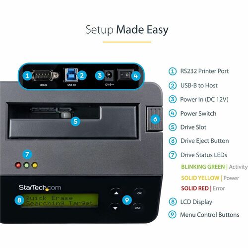 StarTech.com Hard Drive Eraser, Standalone HDD/SSD Sanitizer, 4Kn, Secure Erase Hard Disk Wiper Dock, Hardware Erasing Too